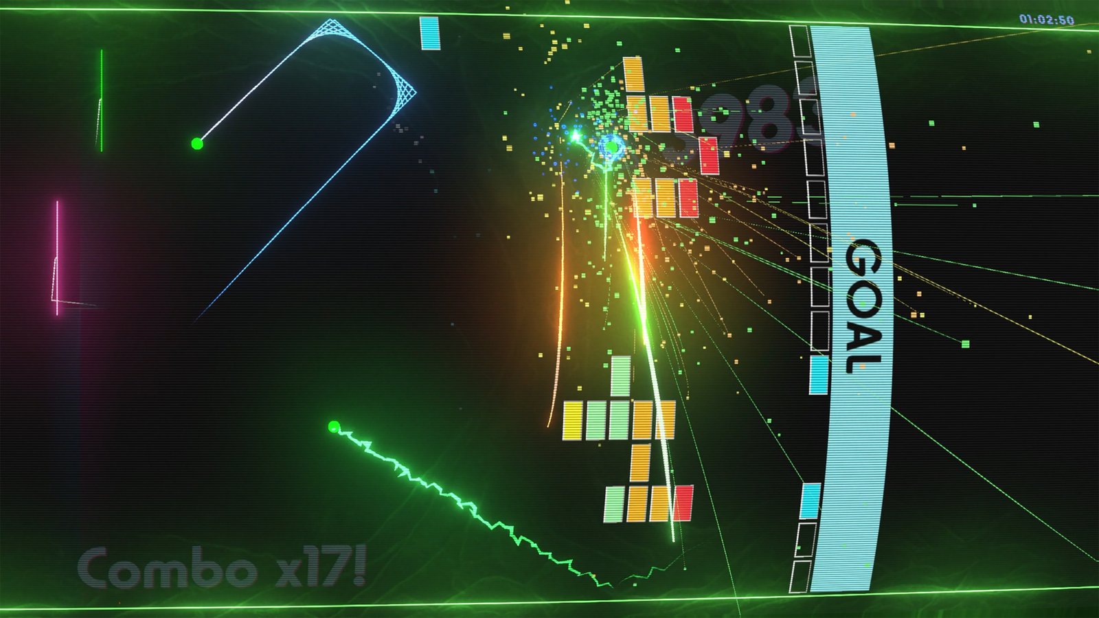 Uma captura de tela do hack para trás. As bolas semelhantes ao cometa são linhas na tela, quebrando o tijolo.