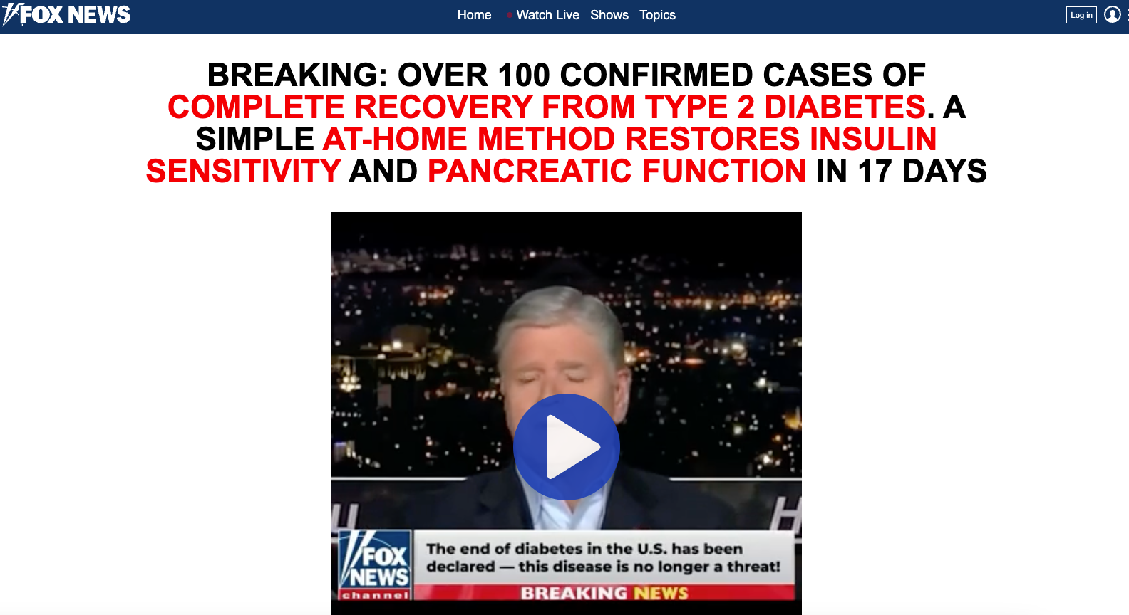 Um exemplo de um site associado a um anúncio do Facebook tenta simular a Fox News.
