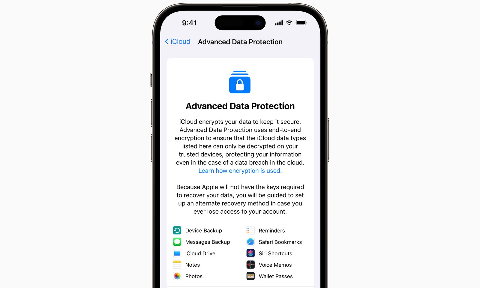 A captura de tela mostra a preparação do recurso Apple Advanced Data Protection.