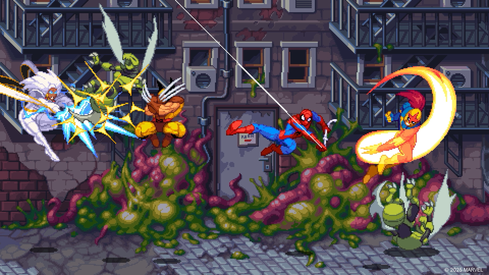 Uma captura de tela do jogo da Marvel Cosmic Invation, que mostra os heróis que atingem os bandidos.